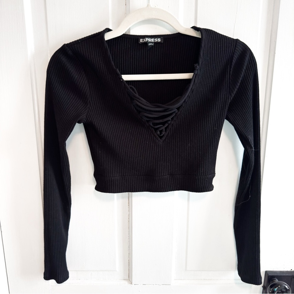 Express black Ribbed Lace-Up Top